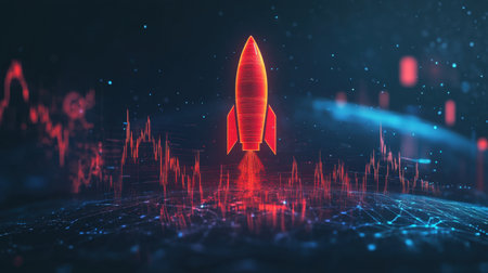 A striking visualization of a red rocket launching against a backdrop of digital data elements, symbolizing growth, innovation, and technological advancement in modern business.の素材