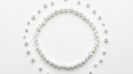 A stunning arrangement of white pearls in a circular design, emphasizing elegance and simplicity. Ideal for showcasing timeless beauty in jewelry and fashion photography.の素材