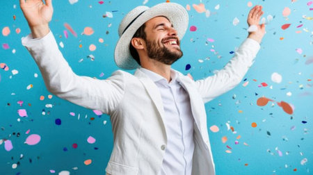 A stylish man revels in the joy of celebration, surrounded by colorful confetti against a blue background, exuding happiness and a carefree spirit. Ideal for festive themes.の素材