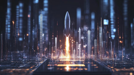 A striking depiction of a rocket launching amidst a futuristic city, emphasizing technology and innovation with vibrant data streams and glowing lights in a digital environment.の素材