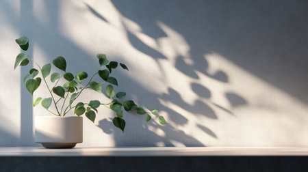 A beautiful indoor plant positioned elegantly on a shelf, with leaves casting intricate shadows on a softly lit wall, creating a calming and stylish atmosphere.の素材