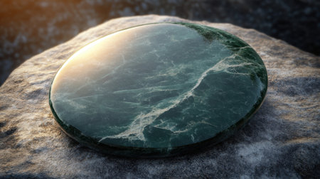 This image features a polished green stone resting on a textured rock, illuminated by natural light, perfect for various design and artistic projects.の素材