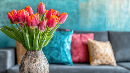 A stunning bouquet of bright tulips in a decorative vase on a plush sofa, accented with colorful cushions, creating a vibrant and inviting living space that inspires relaxation and beauty.の素材