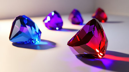 A striking arrangement of colorful gemstones glistens on a soft surface, showcasing vibrant reds, blues, and purples, ideal for visually expressing luxury and beauty.の素材