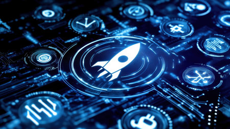 A dynamic and visually engaging digital interface showcases a rocket icon, symbolizing innovation and growth in modern technology against a vibrant blue background filled with symbols and graphics.の素材