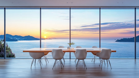 Bright and airy dining room showcasing a stunning ocean view at sunset. The minimalist design features a wooden table and stylish chairs, creating a peaceful atmosphere.の素材