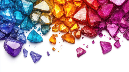 A stunning array of colorful crushed gems and crystals showcasing a vibrant spectrum of hues, perfect for creative designs and artistic projects on a clean white background.の素材