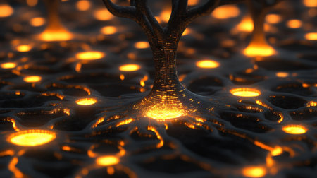 Discover an abstract depiction of a luminescent tree with glowing roots and network, reflecting themes of life and energy, ideal for design and creative projects.の素材