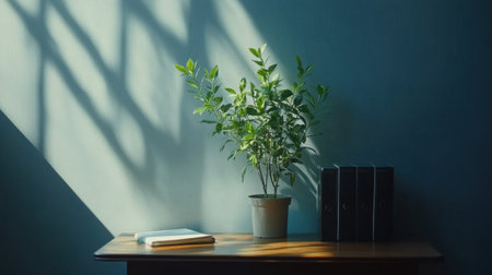 A soothing indoor scene featuring a potted plant on a wooden table, illuminated by gentle sunlight and shadows, perfect for enhancing any living or working space.の素材