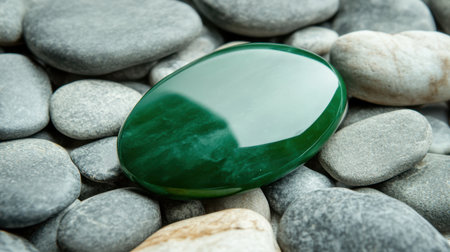 Polished green stone delicately placed among smooth gray pebbles, evoking a sense of tranquility and natural elegance, perfect for wellness-related themes or artistic composition.の素材