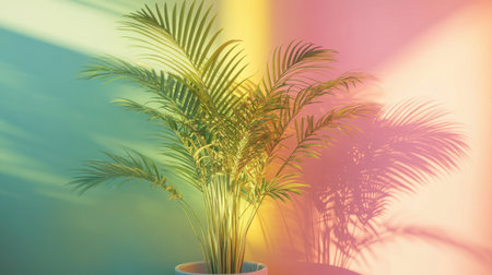 A vibrant indoor palm plant set against colorful walls creates a serene atmosphere, perfect for enhancing modern interiors and promoting relaxation in any space.の素材