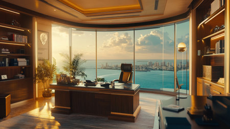 Stunning executive office with panoramic ocean views and modern furnishings, creating a serene and tranquil atmosphere during sunset, ideal for productivity and relaxation.の素材