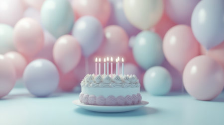A delightful birthday cake adorned with colorful frosting and burning candles, set against a backdrop of soft pastel balloons, perfect for celebrating special moments and creating joyful memories.の素材