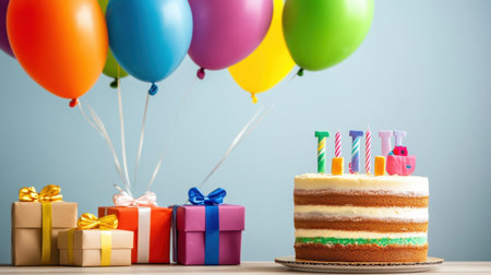 A vibrant birthday scene featuring a layered cake with candles, colorful balloons, and gift boxes, perfect for capturing joyful moments during celebrations.の素材