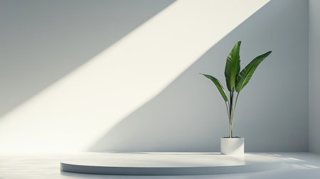 Bright and airy minimalist interior showcases a single potted plant on a circular pedestal, bathed in soft sunlight, ideal for inspiring tranquility and modern elegance in living spaces.の素材