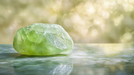 This image features a serene green stone resting on a smooth surface, surrounded by a soft-focus background that enhances its natural beauty and calming presence, ideal for wellness themes.の素材