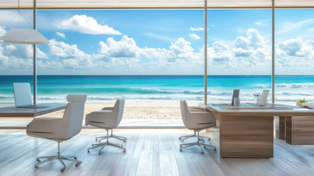 A serene office space featuring large windows that showcase a picturesque beach setting with ocean waves, perfect for inspiring creativity and enhancing productivity.の素材