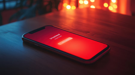 A sleek smartphone presents a vibrant red login screen on a wooden table, highlighting modern technology and the essence of digital connectivity in a cozy environment.の素材