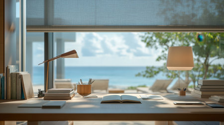 A beautifully designed workspace with a desk facing the ocean, featuring modern decor and ample natural light, creating a perfect ambiance for creativity and productivity.の素材
