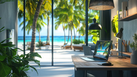 A serene workspace featuring a stunning view of tropical palm trees and the ocean, ideal for anyone seeking inspiration and comfort while working remotely in a bright, modern setting.の素材
