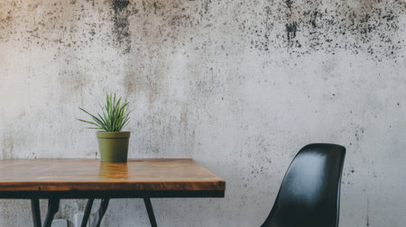 A serene interior setup showcasing a wooden table and a black chair, complemented by a small potted plant against a grungy textured wall, creating a minimalist atmosphere.の素材