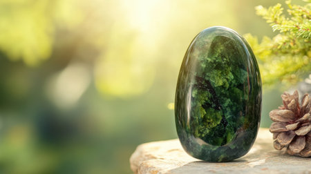 A stunning green polished stone with intricate patterns sits on a wooden surface, illuminated by soft sunlight shining through lush greenery, creating a tranquil atmosphere.の素材