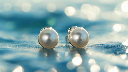 Stunning close-up of pearl earrings set against a dreamy blue background with bokeh effect, perfect for showcasing elegance and charm in jewelry photography and marketing.の素材