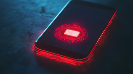 A modern smartphone with a vibrant glowing battery indicator, set against a dark textured surface, illustrating energy concepts and contemporary technology.の素材
