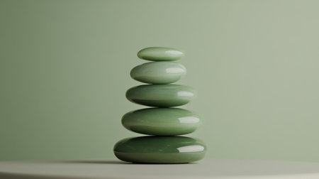 Soft green stones are stacked gracefully on a neutral surface, creating a tranquil and minimalistic aesthetic that inspires calmness and relaxation in any environment.の素材