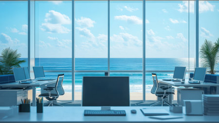 A modern office space features large windows with a stunning ocean view, creating an inspiring work environment filled with natural light and a calming coastal atmosphere.の素材