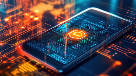 A sleek smartphone rests on a futuristic digital backdrop showcasing data encryption graphics, highlighting themes of technology, security, and advanced innovation.の素材