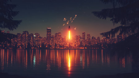 A breathtaking image showcasing a city skyline at dusk with a rocket launch. The vibrant colors reflecting on the water create a serene yet adventurous atmosphere ideal for various themes.の素材