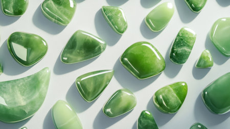 A stunning collection of polished green gemstones arranged elegantly, showcasing their unique shapes and vibrant colors, ideal for decoration or collection purposes.の素材