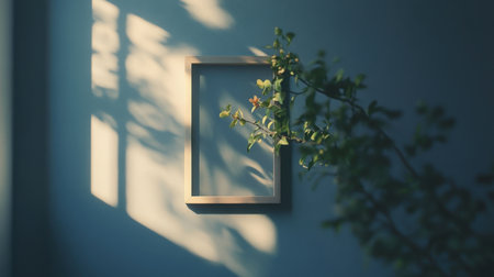 A serene minimalist scene featuring an empty picture frame against a soft wall, complemented by gentle shadows and a touch of greenery, perfect for inspiring modern decor ideas.の素材