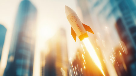 A digital rocket takes off against an urban skyline at sunset, symbolizing innovation and the pursuit of progress in technology and business ventures.の素材