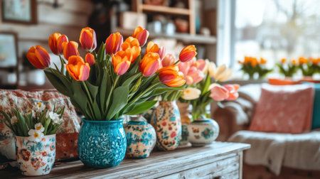 A charming display of colorful tulips in decorative vases enhances the cozy ambiance of a living space, inviting warmth and cheerfulness in the home.の素材