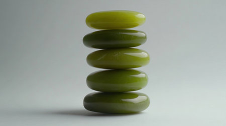Captivating image of a tall stack of smooth green stones showcasing their natural beauty and tranquil energy, perfect for themes of wellness, nature, and minimalism.の素材