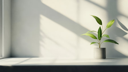 A delicate indoor plant sits in a minimalist pot, illuminated by natural light, casting gentle shadows. Ideal for promoting tranquility and fresh decor ideas in serene spaces.の素材