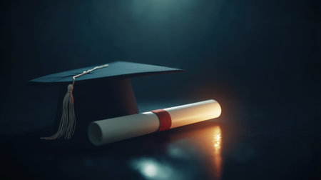 A striking image of a graduation cap and diploma, beautifully captured with soft lighting, symbolizing educational accomplishments and milestones in academic journeys.の素材