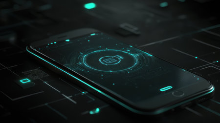 A stylish smartphone rests on a dark surface, with an illuminated digital interface symbolizing the fusion of technology and modern life, offering a glimpse of endless possibilities.の素材