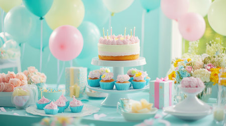Delight in a vivid birthday celebration scene featuring an inviting table adorned with colorful cupcakes, a stunning cake, bright balloons, and cheerful floral arrangements.の素材