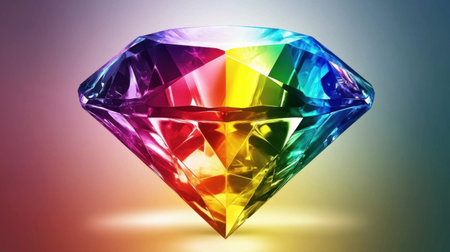 This stunning image features a vibrant, colorful diamond that captures light beautifully against a soft gradient background, creating an eye-catching and elegant visual experience.の素材