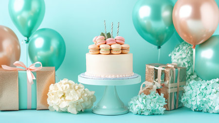 Delight in a charming birthday setup featuring a creamy cake topped with colorful macarons, surrounded by balloons, beautifully wrapped gifts, and delicate flowers, creating a joyful atmosphere.の素材