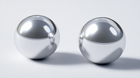 Two sleek metallic spheres sit side by side, beautifully capturing light and shadow against a pristine white background, ideal for minimalist and modern design projects.の素材