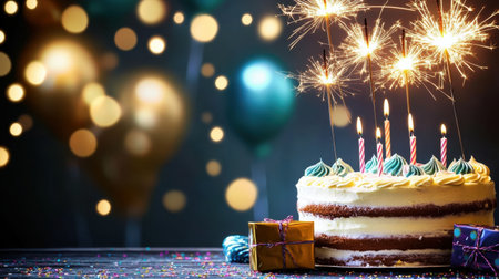 A captivating birthday cake adorned with colorful sprinkles and vibrant candles, surrounded by cheerful balloons, evoking a sense of joy and celebration perfect for any party.の素材