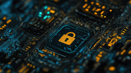 This image showcases a detailed view of a digital circuit board featuring a glowing lock symbol, representing the essential concept of cybersecurity and data protection in technology.の素材