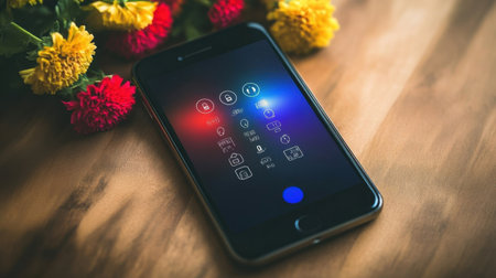 A modern smartphone lies on a wooden table, displaying app icons against a soft-focus background of colorful flowers, showcasing technology and nature harmony.の素材
