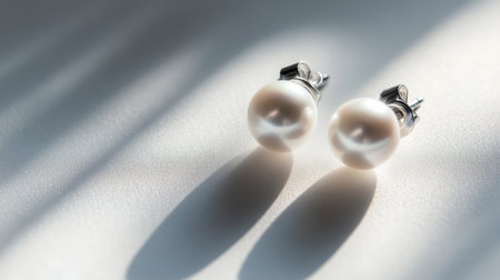 This image showcases stunning pearl earrings resting on a soft surface, casting delicate shadows that highlight their elegance and shine, perfect for any jewelry collection.の素材