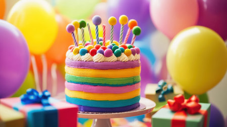 A vibrant cake adorned with colorful decorations, surrounded by bright balloons and cheerful gifts, creating a joyful and festive atmosphere for any celebration.の素材