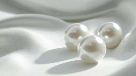 A serene arrangement of white pearls on soft satin fabric creates a luxurious ambiance, perfect for jewelry promotion, fashion design, or elegant decor presentations.の素材